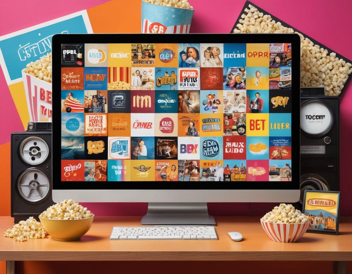 A vibrant, dynamic collage of popular movie and TV show icons like popcorn, a retro TV, film reels, and a computer screen showcasing a streaming service interface. Display various devices like a smartphone, tablet, and laptop with streaming content playing, all set against a sleek, modern background. super-realistic. vibrant colors. contemporary style.