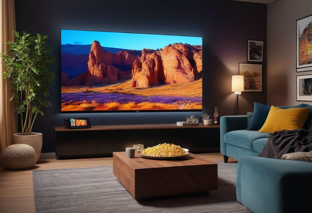 An inviting home theater setup with a large, sleek TV displaying a vivid streaming interface. A cozy seating arrangement with people eagerly watching and enjoying different shows and movies, popcorn and snacks on a table. Modern gadgets like a laptop and smartphone open to streaming sites, scattered on a minimalist, stylish coffee table. The background should include soft, ambient lighting creating a warm, engaging atmosphere. super-realistic. vibrant colors. cozy vibes.